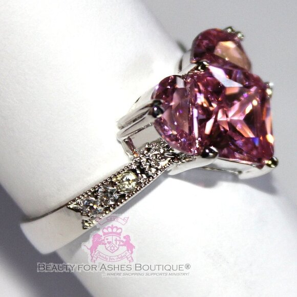 Trillion Cut Girls Womens Silver Tone Possible Pink Cz Heart Valentine Ring - Picture 6 of 10